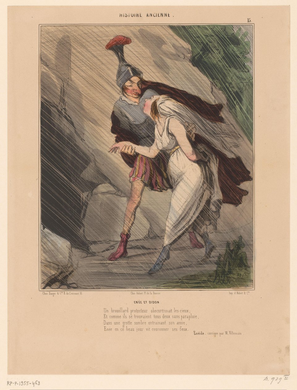 Karykatura Eneasza i Dydony Enée et Didon (tytuł na obiekcie) Karykatury starożytnych postaci (tytuł serii) Histoire ancienne (tytuł serii na obiekcie) autorstwa Honoré Daumier