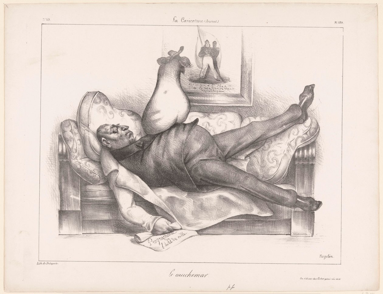 Karykatura Gilberta du Motier, markiza de la Fayette, podczas koszmaru Le cauchemar (tytuł na obiekcie) autorstwa Honoré Daumier
