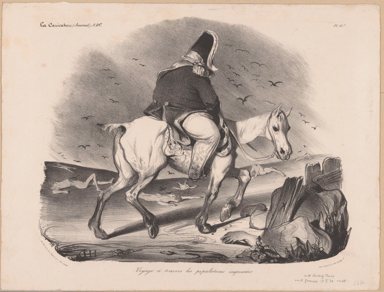 Karykatura Ludwika Filipa I, króla Francji na koniu wśród trupów Voyage à travers les populacje empressées (tytuł obiektu) autorstwa Honoré Daumier