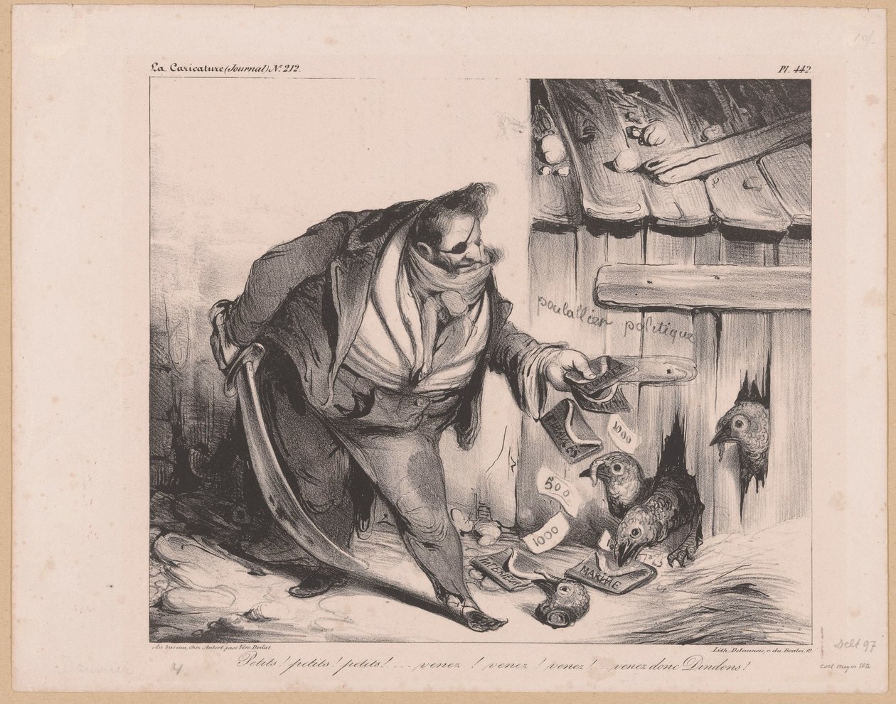 Karykatura króla Francji Ludwika Filipa I jako bandyty Małe! małe! małe! (...) Venez donc dindons! (tytuł na obiekcie) autorstwa Honoré Daumier