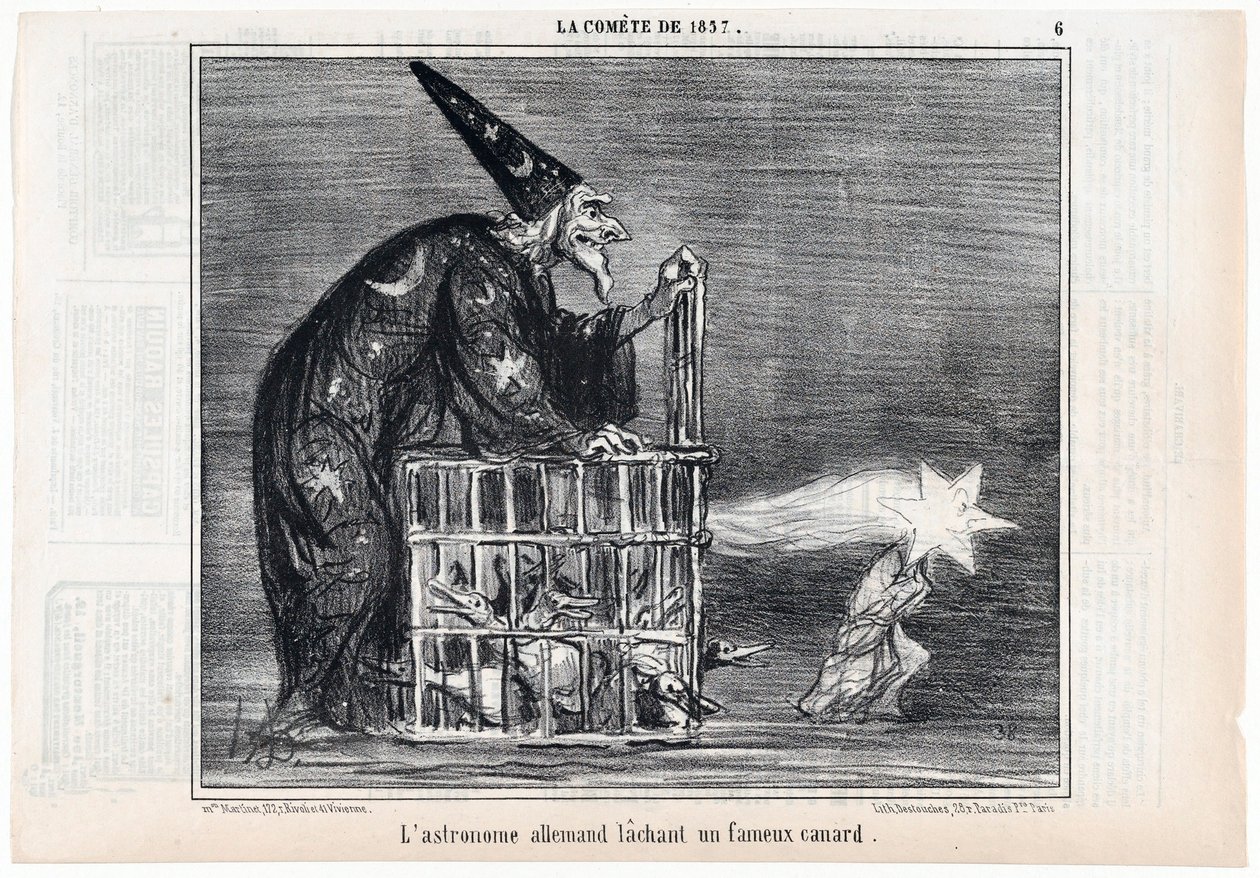 Kometa z 1857 roku, niemiecki astronom wypuszczający słynną kaczkę, z pubu Le Charivari. 1858. autorstwa Honoré Daumier