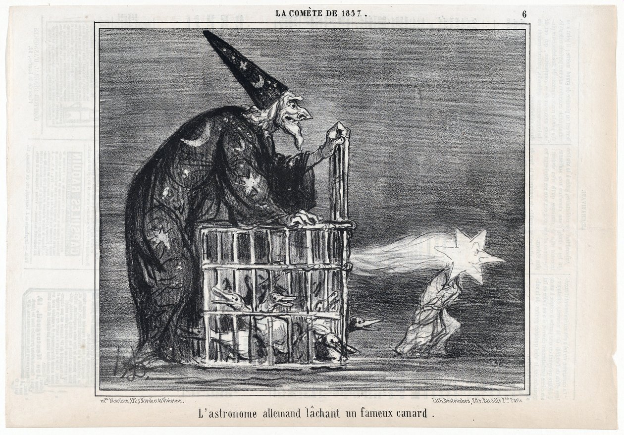 Kometa z 1857, "Niemiecki astronom wypuszcza słynną kaczkę", z Le Charivari, wyd. 1858 (grawerowanie) autorstwa Honoré Daumier