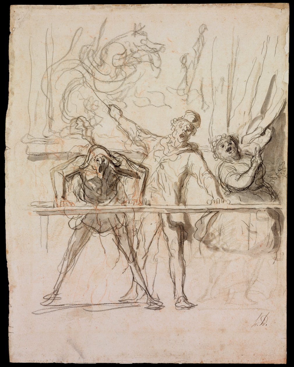 La Parade - The Side-Show - Daumier, Honore (1808-1879) - 1865 - Czarna kreda, akwarela na papierze - 39,8x30,4 - Muzeum Szepmuveszeti, Budapeszt autorstwa Honoré Daumier