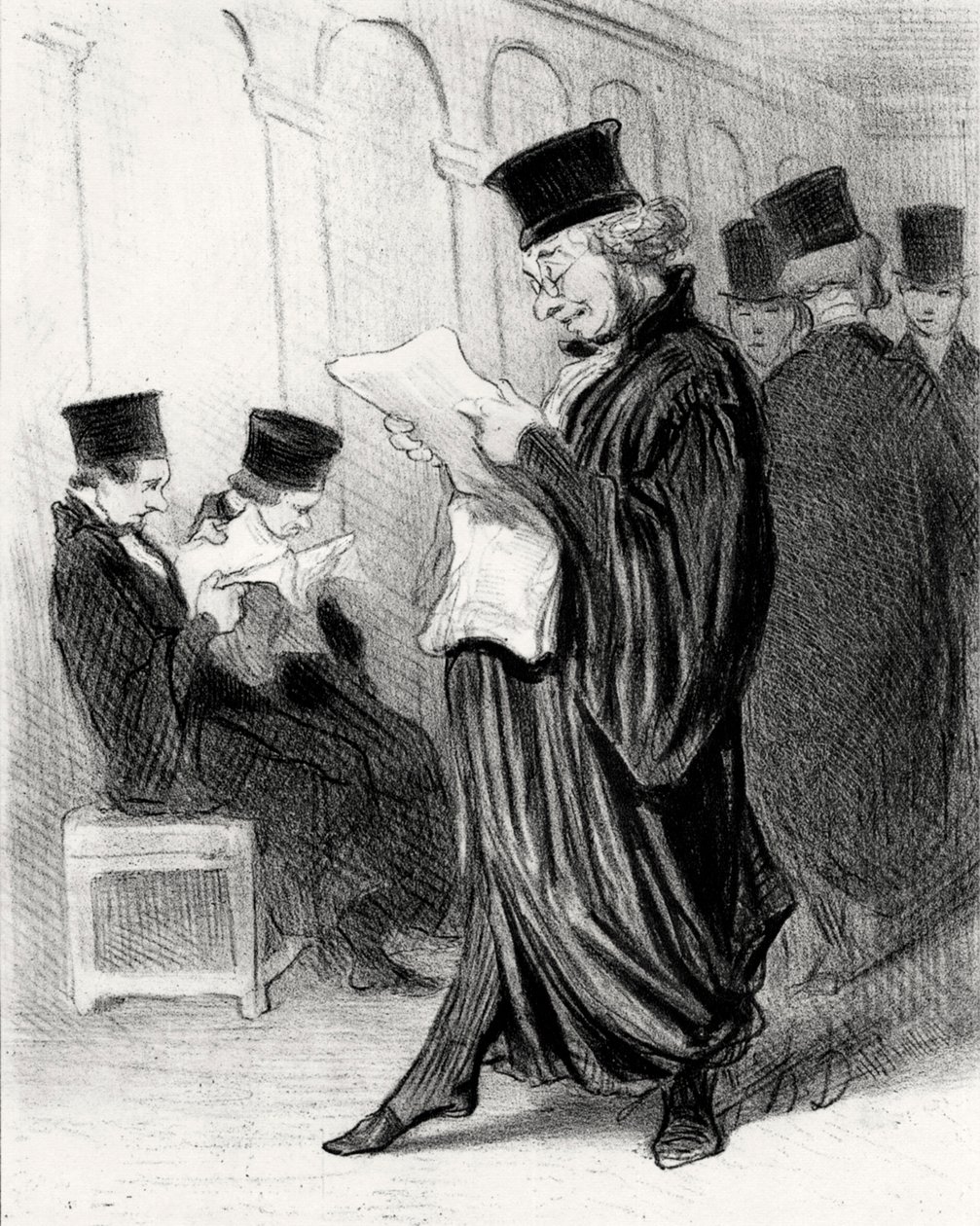 Adwokat Chabotard czytając w dzienniku prawniczym pochwałę na swój temat, 1846 r. autorstwa Honoré Daumier