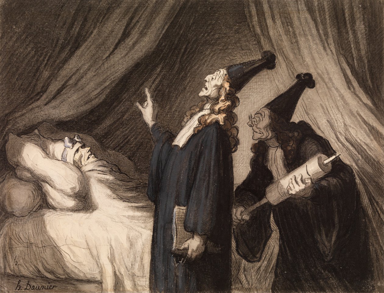 Imaginary Invalid, ok. 1850 (czarna kreda i toaleta na papierze) autorstwa Honoré Daumier
