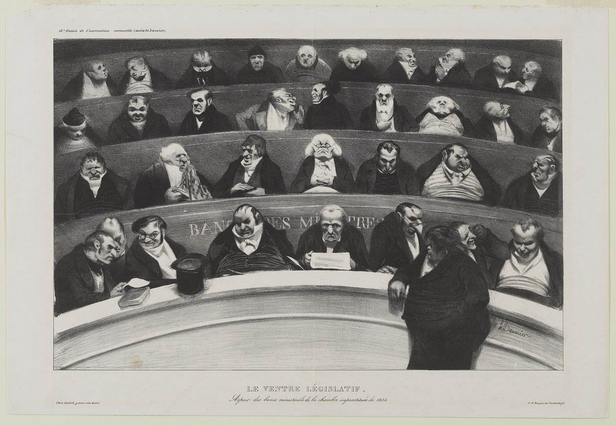 Le Ventre Législatif: Aspect des benches ministériels de la chambre improstitée de 1834 lub The Legislative Belly: Widok na ławy ministerialne w Izbie Prostytutki z 1834 r. autorstwa Honoré Daumier