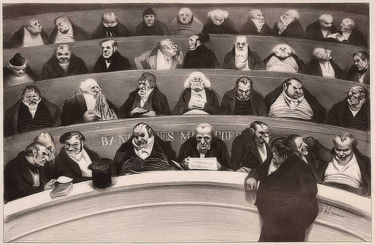 Le Ventre législatif. Aspects des bancs ministériels de la chambre improstituée de 1834 / The Legislative Belly. Widok ław poselskich izby nieprotestowanej z 1834 r. 1834. autorstwa Honoré Daumier