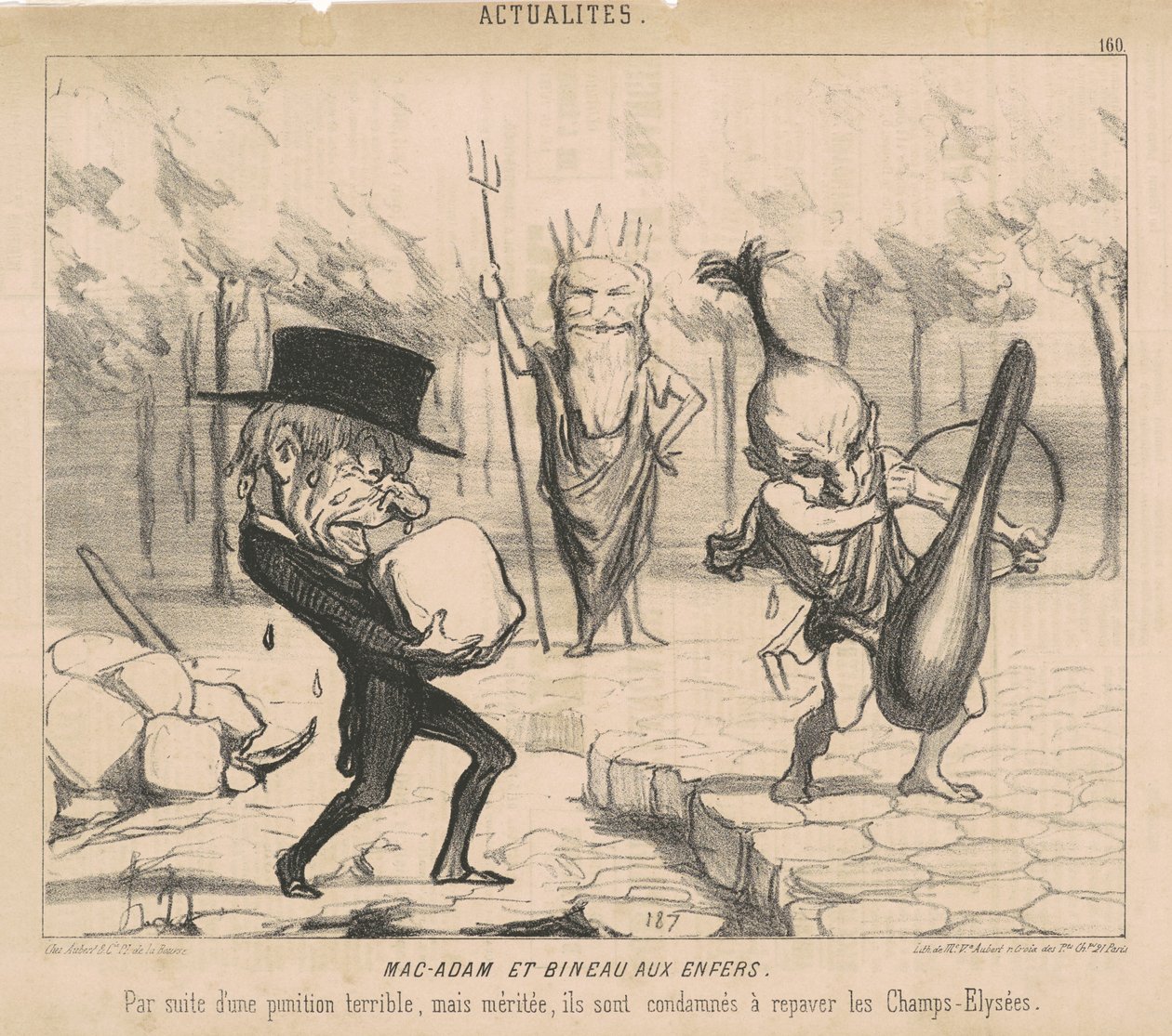 Mac-Adam [sic!] i Bineau w piekle. Po straszliwej, ale zasłużonej karze są skazani na odbudowanie Pól Elizejskich. autorstwa Honoré Daumier