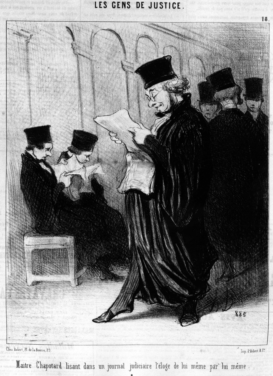 Maitre Chapotter czytał w dzienniku sądowym pochwałę samego siebie, zaczerpniętą z serii karykatur „Gens de Justice” Honore Daumiera o sprawiedliwości (1808-1879). „Charivari” autorstwa Honoré Daumier