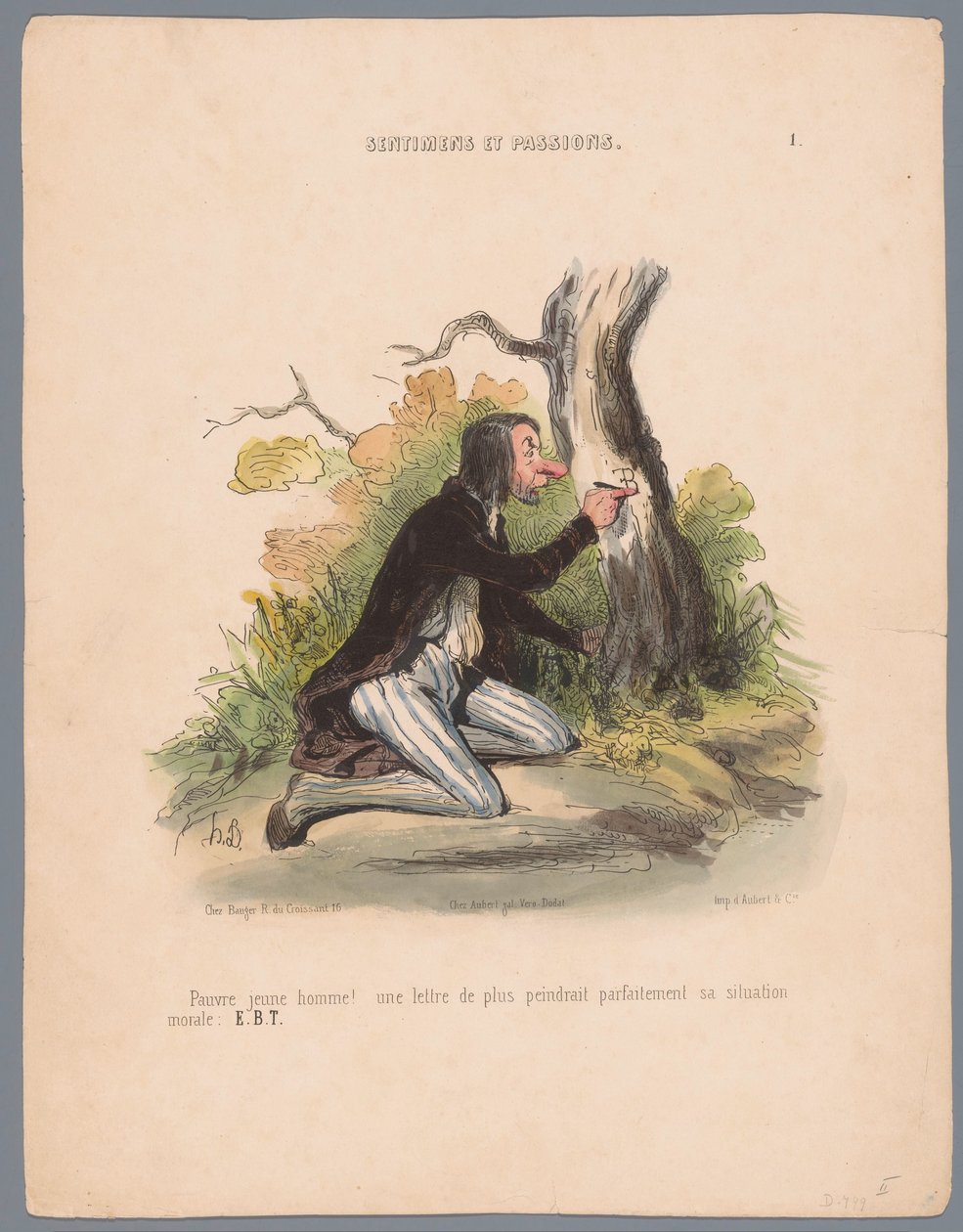 Mężczyzna rzeźbi inicjały w korze drzewa Pauvre jeune homme! (...) (tytuł na obiekcie) Pasje i uczucia (tytuł serii) Sentimens et passions (tytuł serii na obiekcie) autorstwa Honoré Daumier