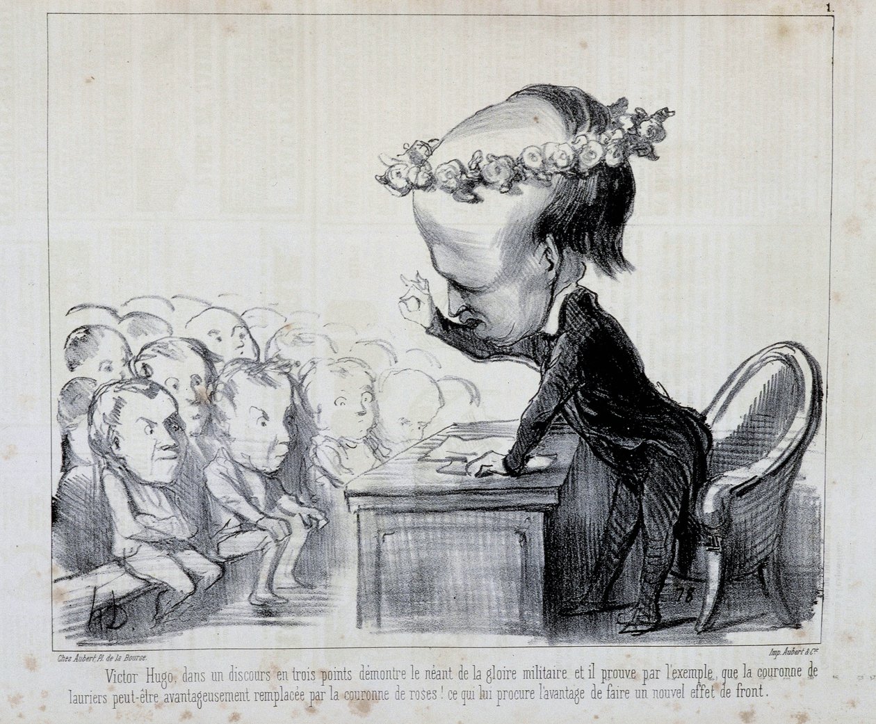 Wspomnienia z Kongresu Pokoju: Victor Hugo (nr 1 z serii) - autorstwa Daumiera, w „Charivari” z 06.09.1849 autorstwa Honoré Daumier