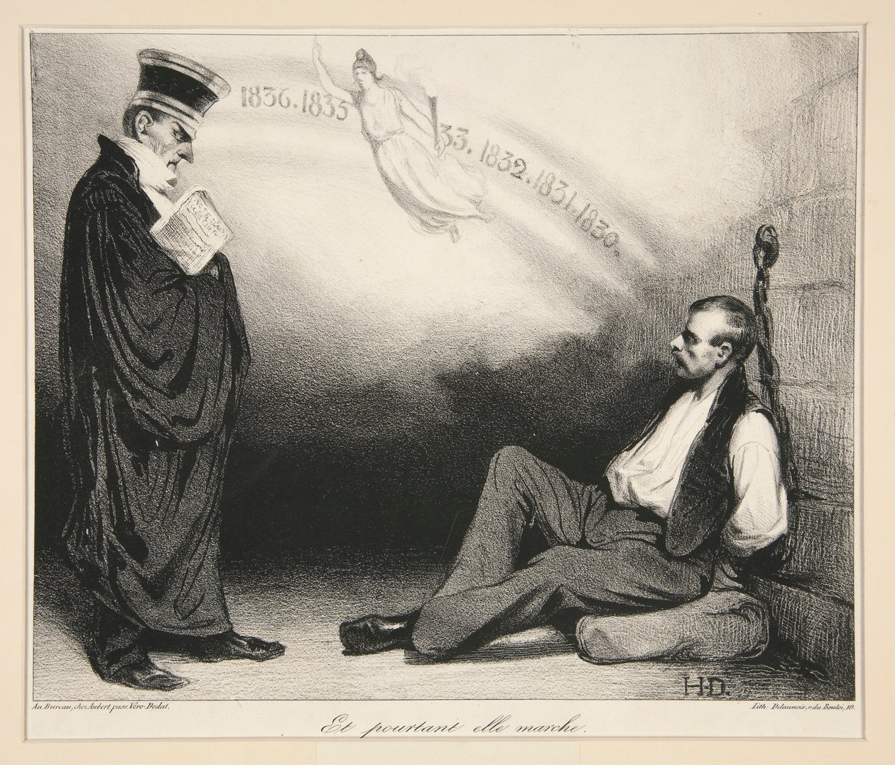 Współczesna Galilea. A jednak chodzi. (Współczesny Galileusz. A jednak się rusza), pl. 436 z czasopisma La Caricature nr. 209 autorstwa Honoré Daumier