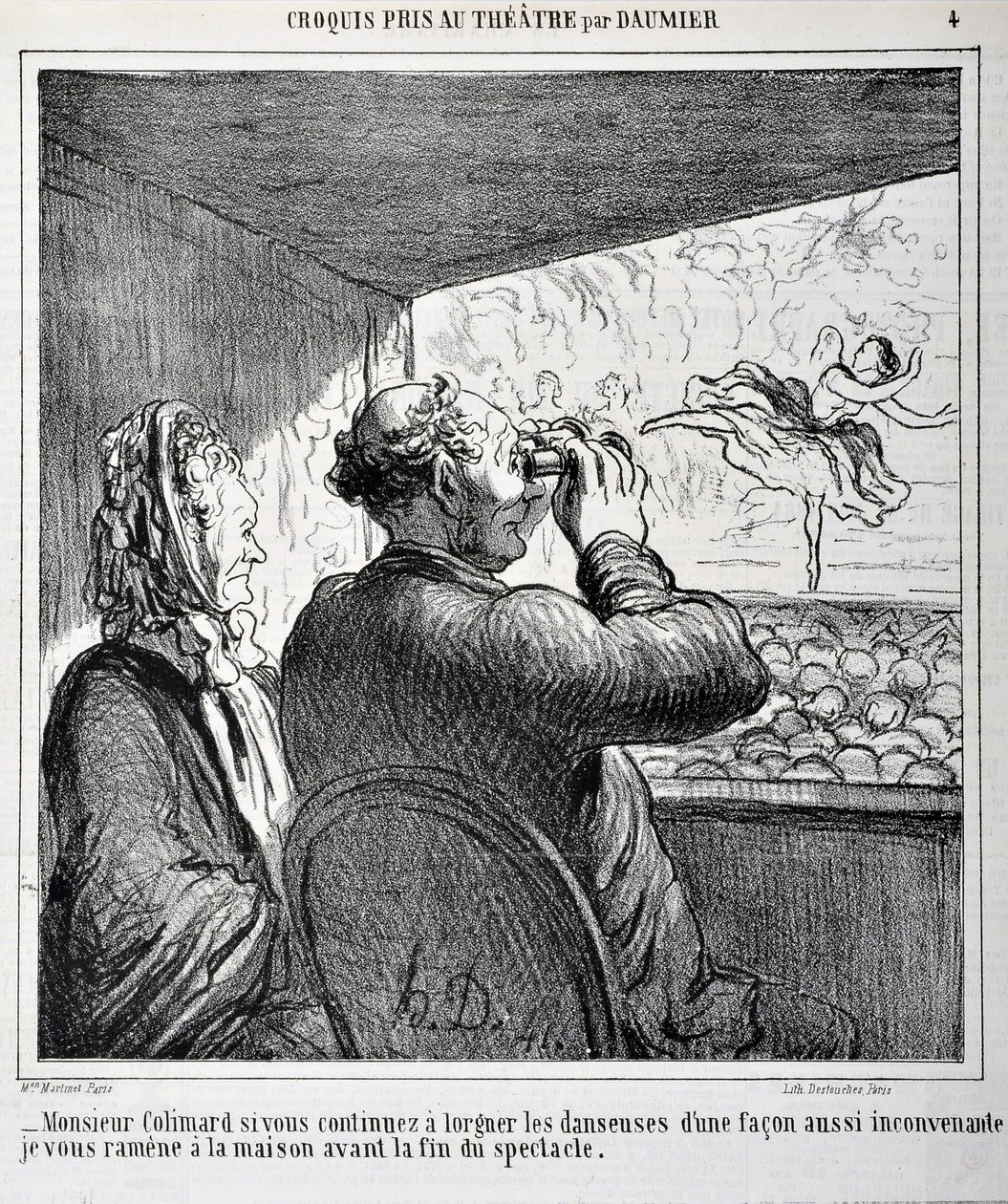 Panie Colimard, jeśli nadal będzie Pan patrzył na tancerzy w tak nieodpowiedni sposób, zabiorę pana do domu przed zakończeniem pokazu. Grawerowanie autorstwa Honore Daumier (1808-1879) w „Le Charivari””. Rozmiar arkusza: 24,6x36cm. Palais Longchamp, Musee  autorstwa Honoré Daumier