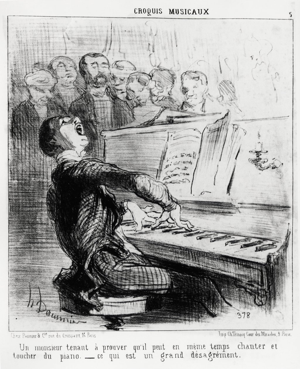 Szkice muzyczne: dżentelmen, który chce udowodnić, że potrafi jednocześnie śpiewać i dotykać fortepianu, co jest bardzo haniebne. Ilustracja Honore Daumiera (1808-1879), opublikowana w „Charivari” z 17 lutego 1852 r. autorstwa Honoré Daumier