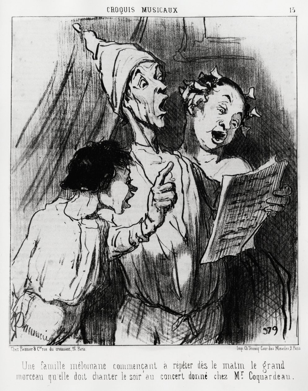 Szkice muzyczne: rodzina melomanów zaczyna rano powtarzać wielką piosenkę, którą musieli zaśpiewać wieczorem na koncercie, podarowanym panu Coquardeau. Illustration d