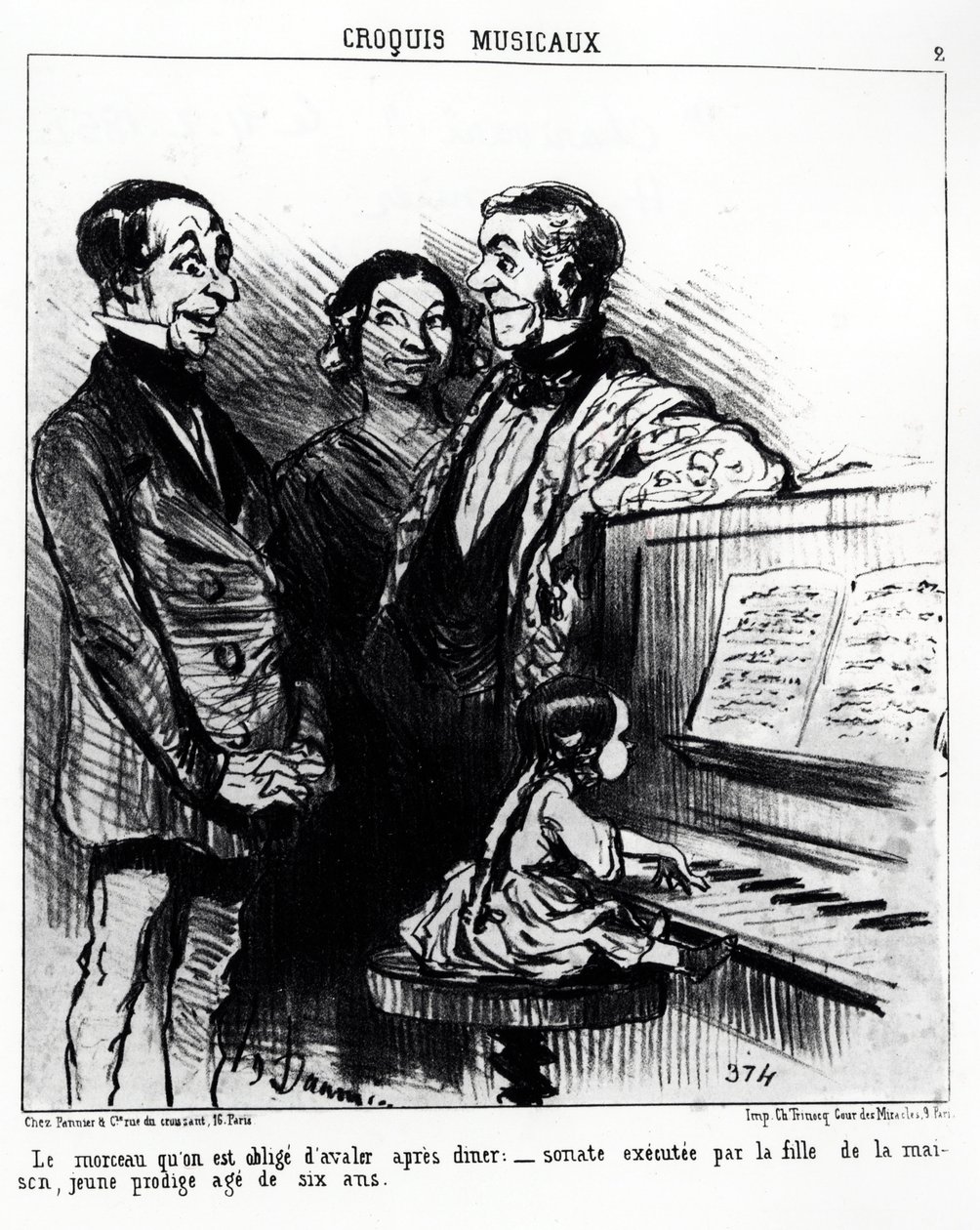 Muzyczne szkice: piosenka, którą musisz przełknąć po obiedzie: sonata wykonana przez córkę domu, młode cudowne dziecko w wieku sześciu lat. Illustration d