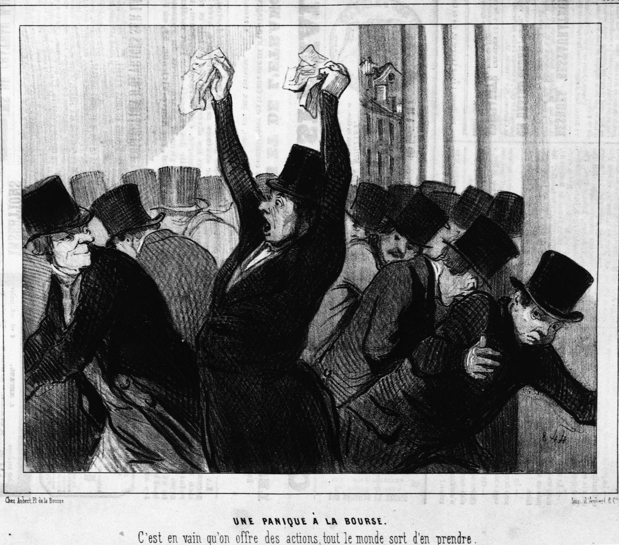 Panika na giełdzie. Na próżno oferowano akcje, wszyscy im odebrali: z „”Actualites”, serii karykatur na giełdzie Honore Daumier (1808-1879). Charivari autorstwa Honoré Daumier