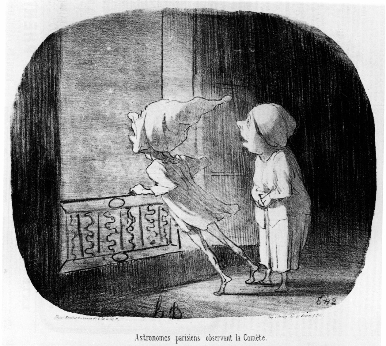 Paryscy astronomowie obserwujący Kometę, zaczerpnięte z „Astronomii”, serii karykatur o astronomach i Komecie Honorowej Daumier (1808-1879). „Charivari” autorstwa Honoré Daumier