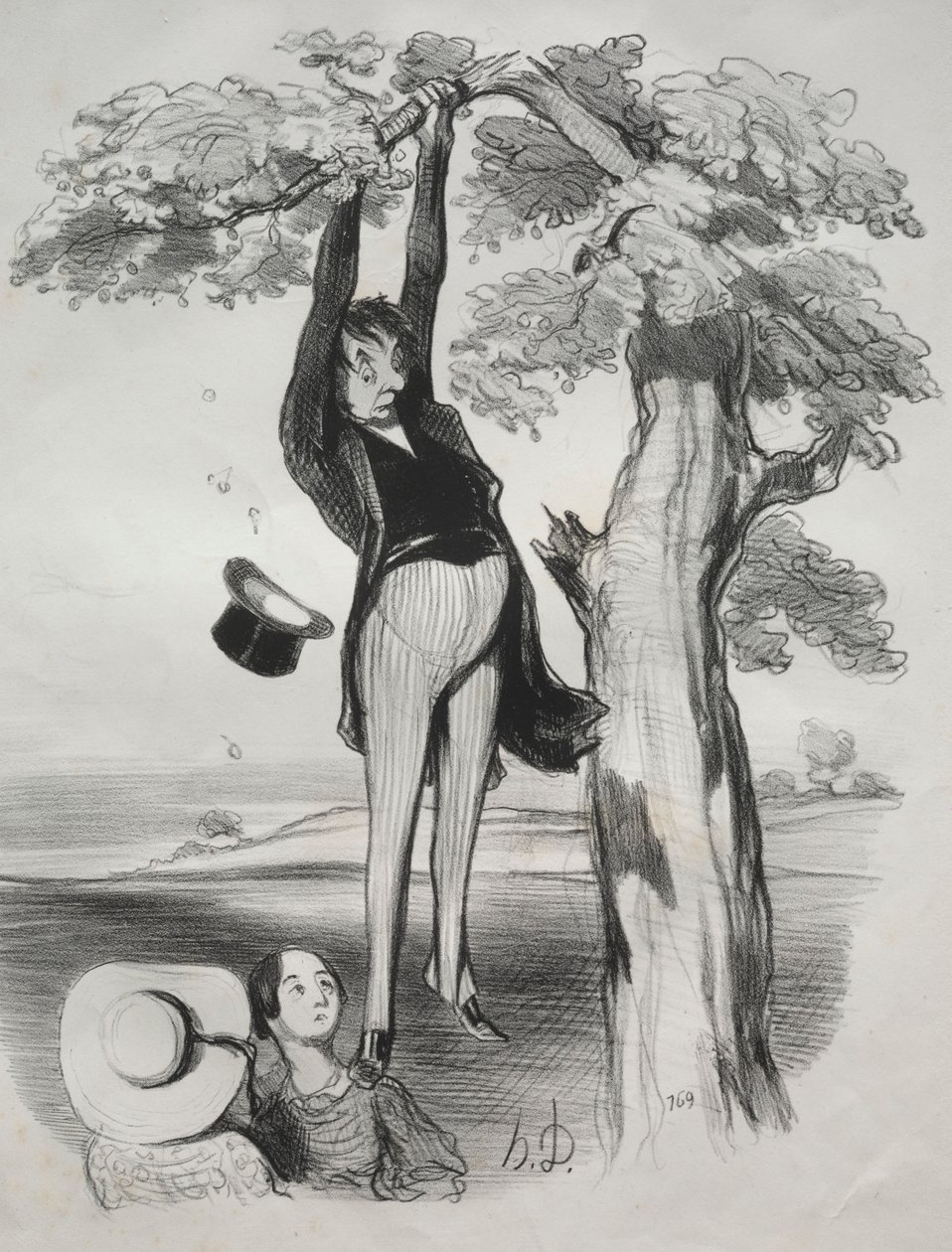 Pastorales, płyta 2: Niebezpieczeństwo zbyt energicznego potrząsania śliwką..., 1845. autorstwa Honoré Daumier