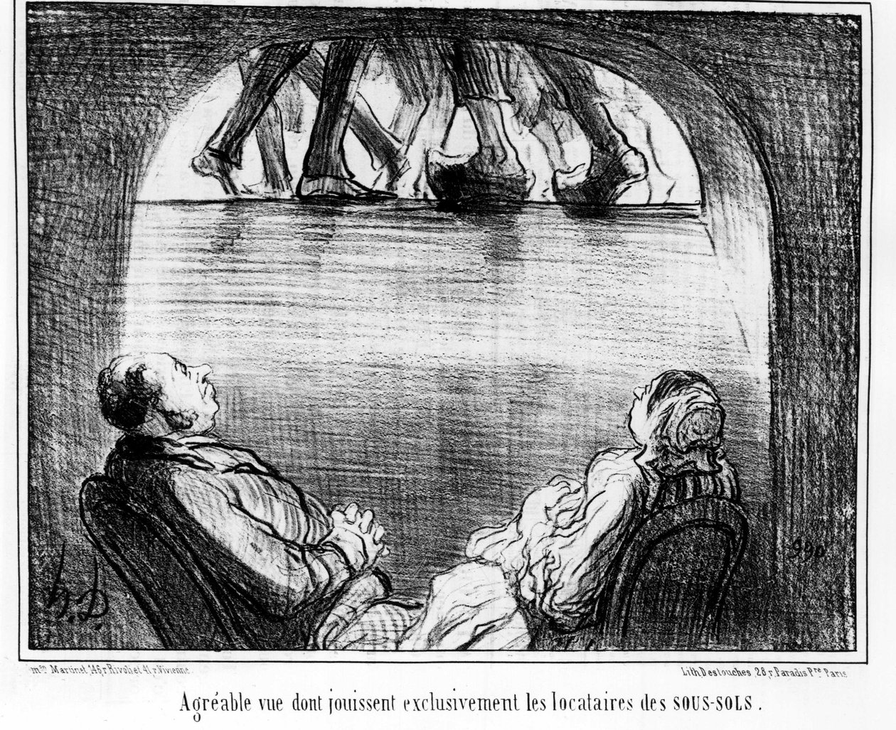 Przyjemny widok, którym cieszą się wyłącznie lokatorzy piwnic, zaczerpnięty z serialu animowanego „Tenants et Owners” Honore Daumiera (1808-1879). „Charivari” autorstwa Honoré Daumier