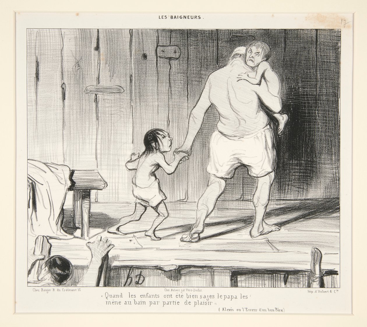 Kiedy dzieci są grzeczne, ojciec zabiera je do kąpieli dla zabawy, z Les Baigneurs autorstwa Honoré Daumier