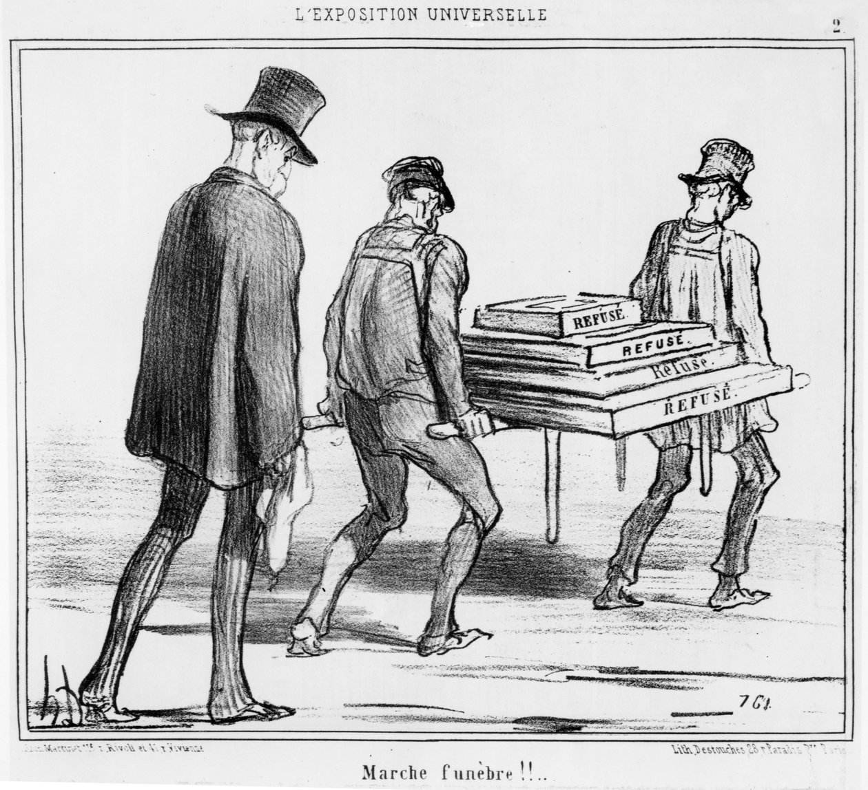 Stoisko z przekąskami podczas fali upałów na Wystawie Światowej w Paryżu, komiks z serii „Exposition Universelle”, opublikowany w „Le Charivari” autorstwa Honoré Daumier