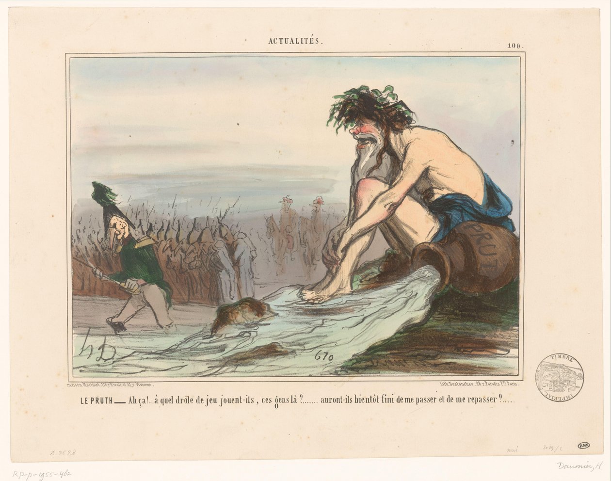 Bóg rzeki obserwuje rosyjskich żołnierzy Le Pruth (tytuł na obiekcie) Sprawy bieżące (tytuł serii) Fakty (tytuł serii na obiekcie) autorstwa Honoré Daumier