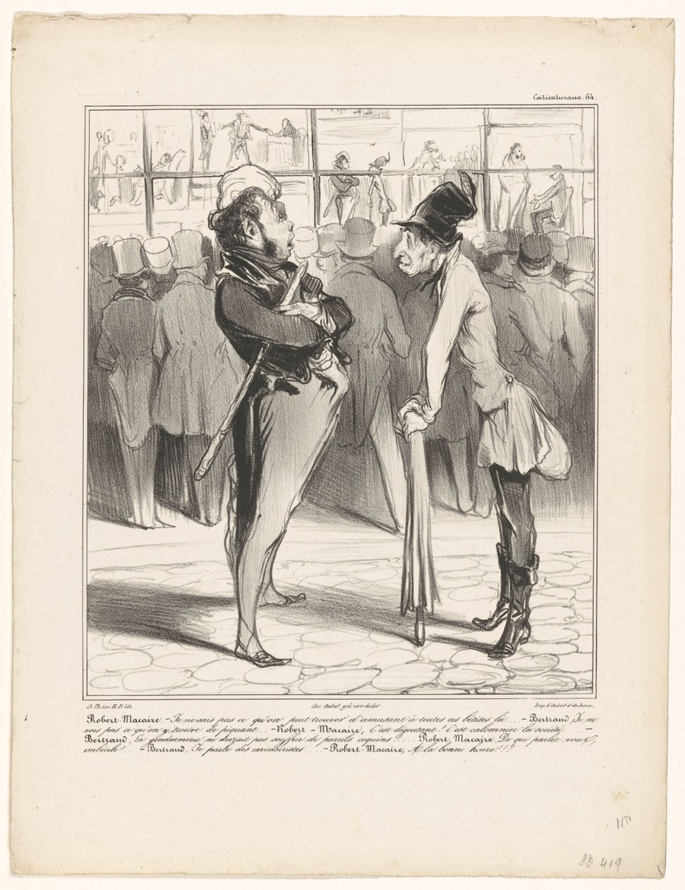 Robert-Macaire w rozmowie z Bertrandem za witrynę drukarni Caricaturana (tytuł serii na obiekcie) autorstwa Honoré Daumier