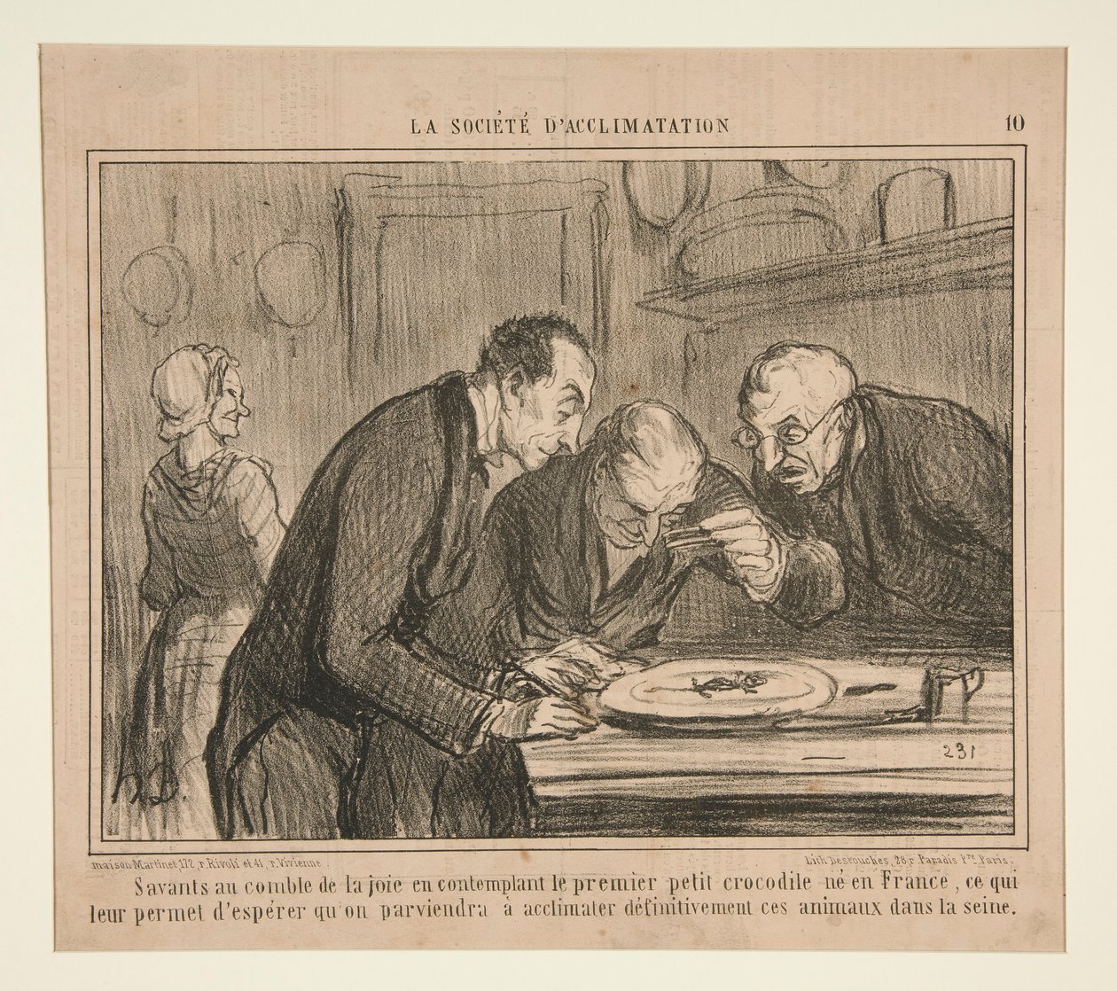 Naukowcy u szczytu radości kontemplują pierwszego małego krokodyla autorstwa Honoré Daumier
