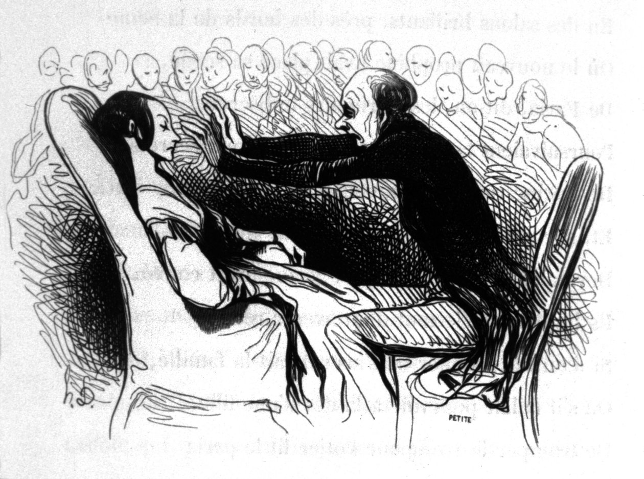 Scena hipnotyzera w Paryżu, ok. 1850 r. (rycina) autorstwa Honoré Daumier