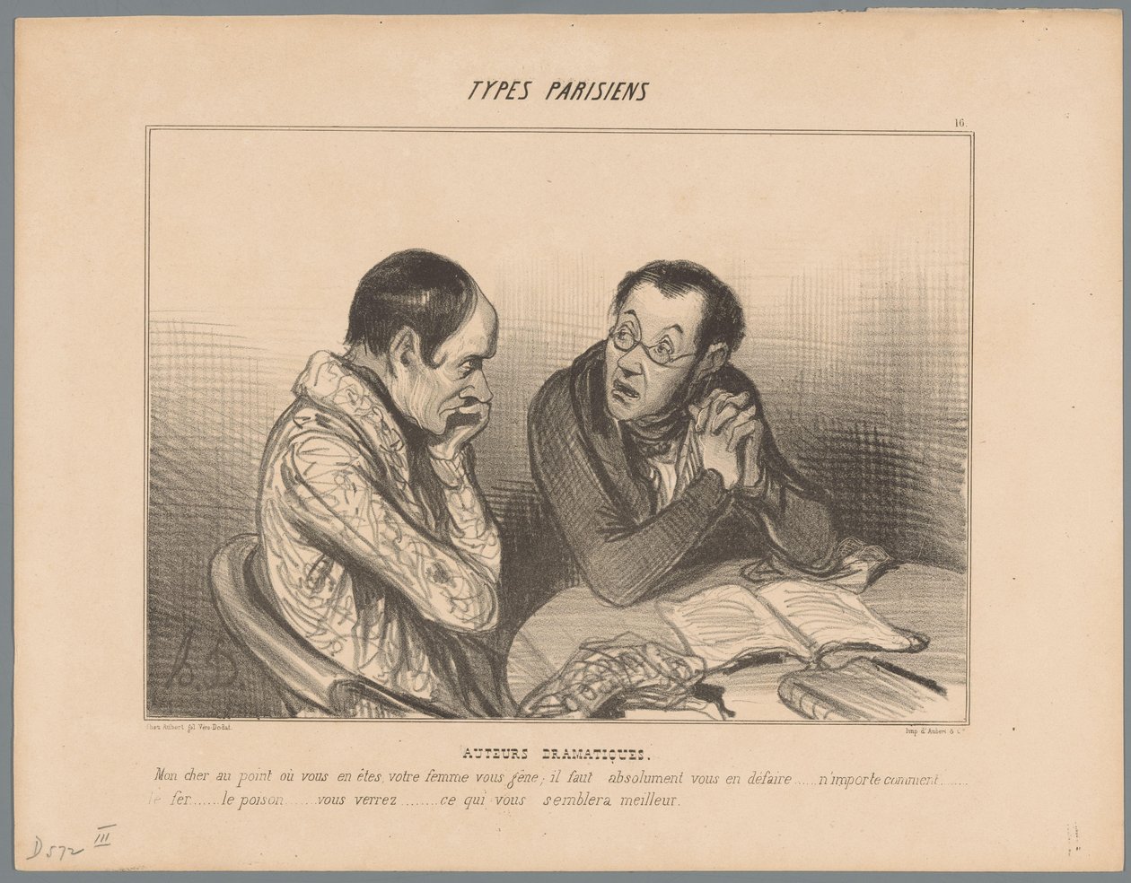 Pisarz doradza koledze pozbycie się żony Autorzy dramatyczni (tytuł na obiekcie) Typy paryskie (tytuł serii) Rodzaje Parisiens (tytuł serii na obiekcie) autorstwa Honoré Daumier