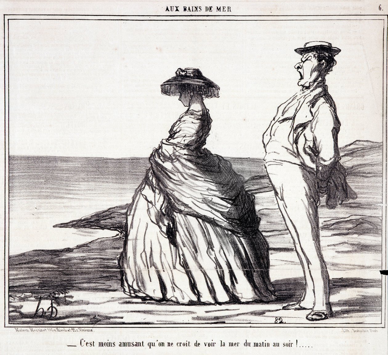 Serie „” Les Bains de Mer””: „” To mniej zabawne, niż myślisz, widzieć morze od rana do wieczora! „”Kreskówka o turystach na wakacjach. Grawerowanie autorstwa Honore DAUMIER (1808-1879). Wyciąg z gazety „Le Charivari”” 9 września autorstwa Honoré Daumier