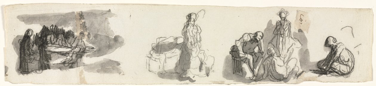 Arkusz Opracowań z Grupą Czterech Figur po prawej stronie Odbytnicy Szkice różnych figur wers autorstwa Honoré Daumier