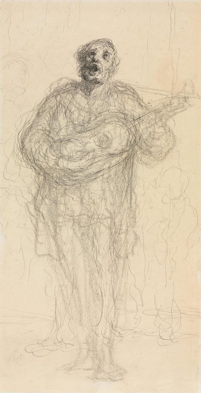 Śpiewająca gitarzystka prosto, leżąca kobieta oparta na ramieniu verso, 185560. autorstwa Honoré Daumier
