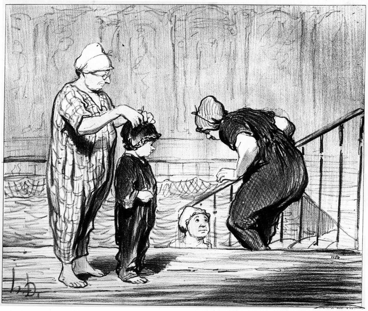 Basen: ilustracja z cyklu „Letnie szkice”” Honore Daumiera (1808-1879) o pływaniu i wannie z czterema skrzydłami. „Charivari”, około 1850 r. autorstwa Honoré Daumier