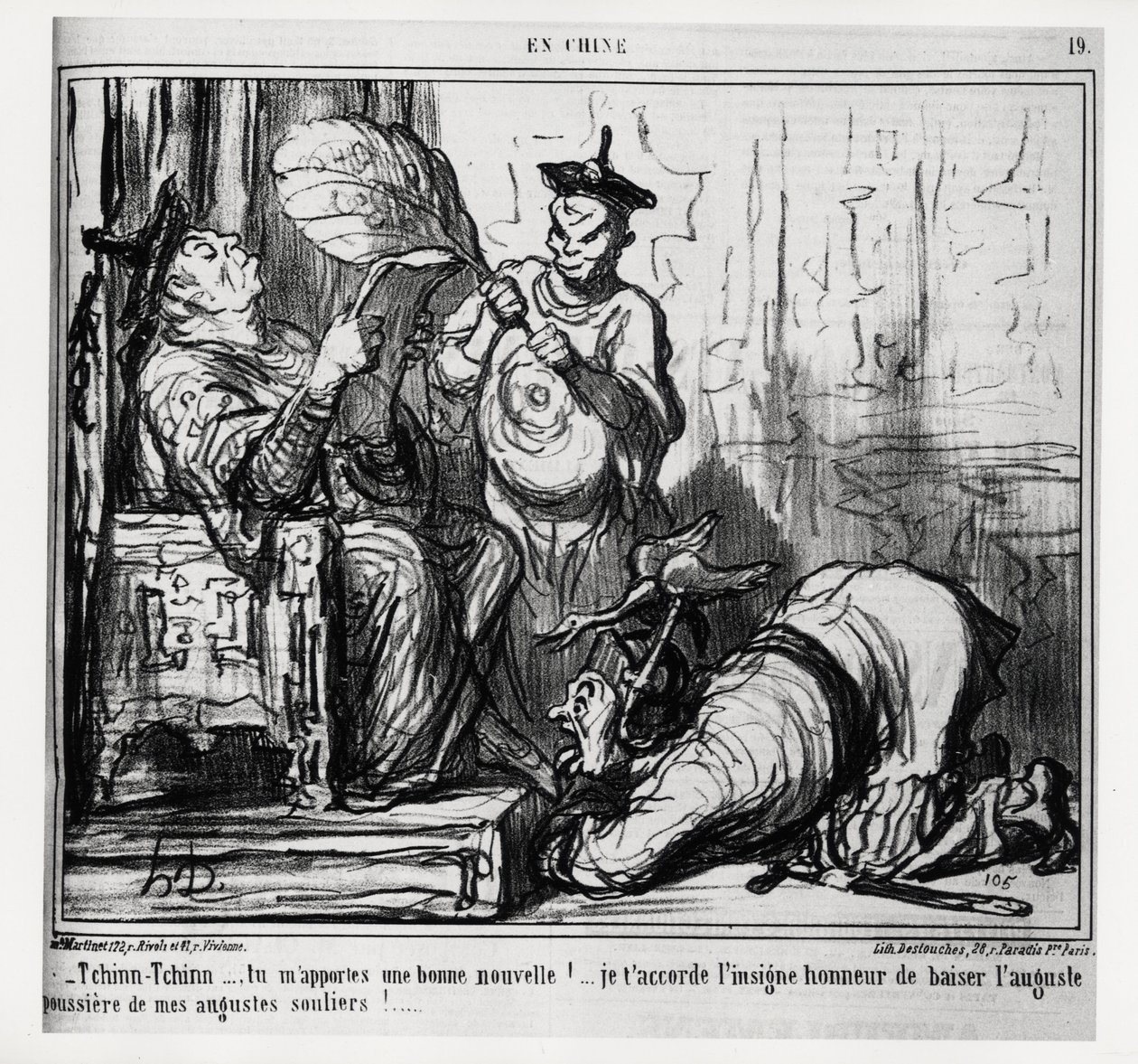 Tchinn Tchinn... Przynosisz mi dobre wieści! Daję Ci wielki zaszczyt ucałować dostojny pył moich dostojnych butów. In serie En Chine, ilustracja Honore Daumier (1808-1879), opublikowana w „Charivari” z 7 grudnia autorstwa Honoré Daumier