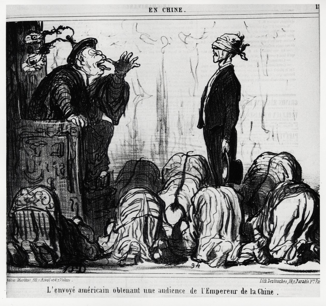 Amerykański wysłannik na audiencji u cesarza Chin. In serie En Chine, ilustracja Honore Daumier (1808-1879), opublikowana w „Charivari” z dnia 21 października autorstwa Honoré Daumier