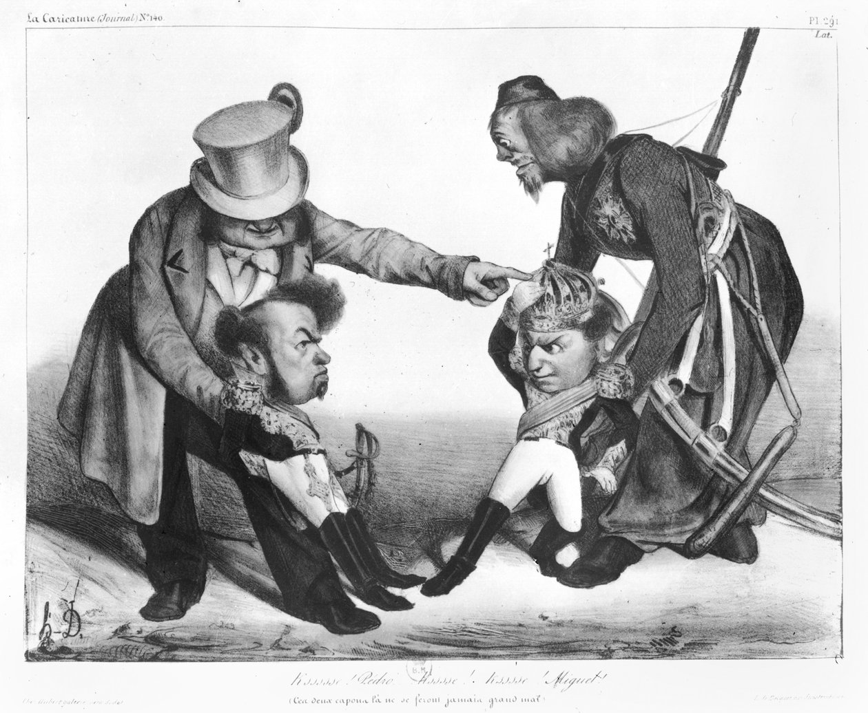 Wojna domowa w Portugalii, która doprowadziła do konfliktu Pedro I (1798-1834) Cesarz Brazylii i król Portugalii oraz Dom Miguel (1802-66), z „La Caricature”, N 140, 1832-34 autorstwa Honoré Daumier