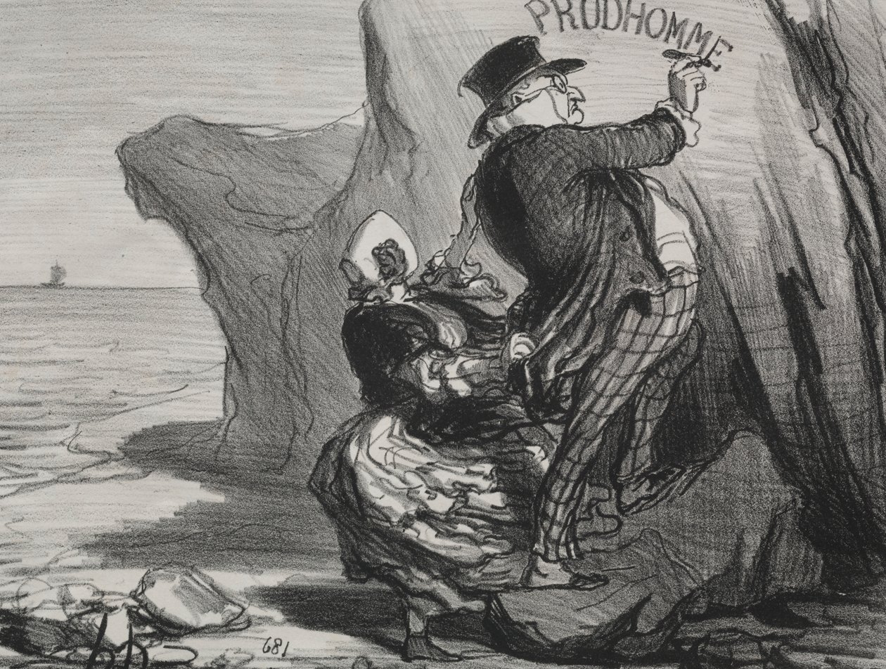 Dobry mieszczanin (tablica 3): Chcę zostawić niezniszczalny zabytek naszej wizyty na tym klifie... autorstwa Honoré Daumier