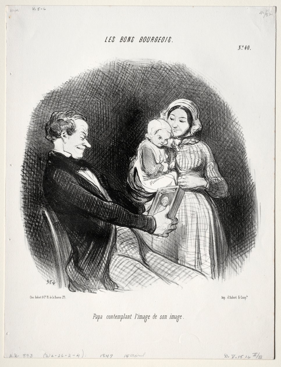 The Good Bourgeois, płyta 40: Papa kontempluje podobieństwo do swojego podobieństwa, 1847. autorstwa Honoré Daumier