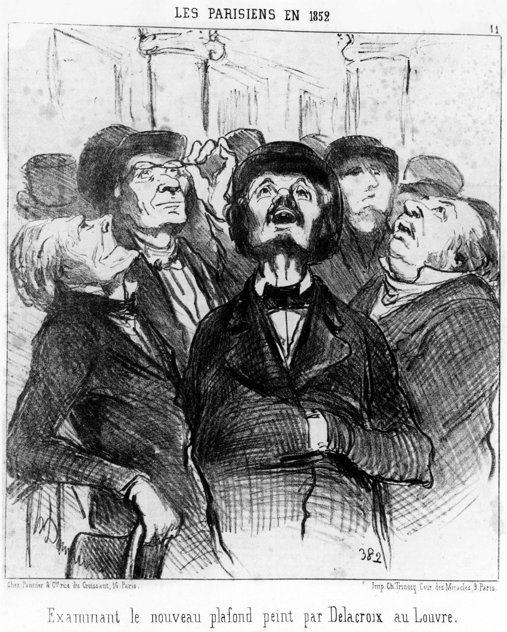 Paryżanie w 1852 r. oglądają nowy sufit namalowany przez Delacroix w Luwrze, zaczerpnięty z cyklu karykatur Honore Daumiera „Obrazy i salony” (1808-1879). „Charivari” autorstwa Honoré Daumier