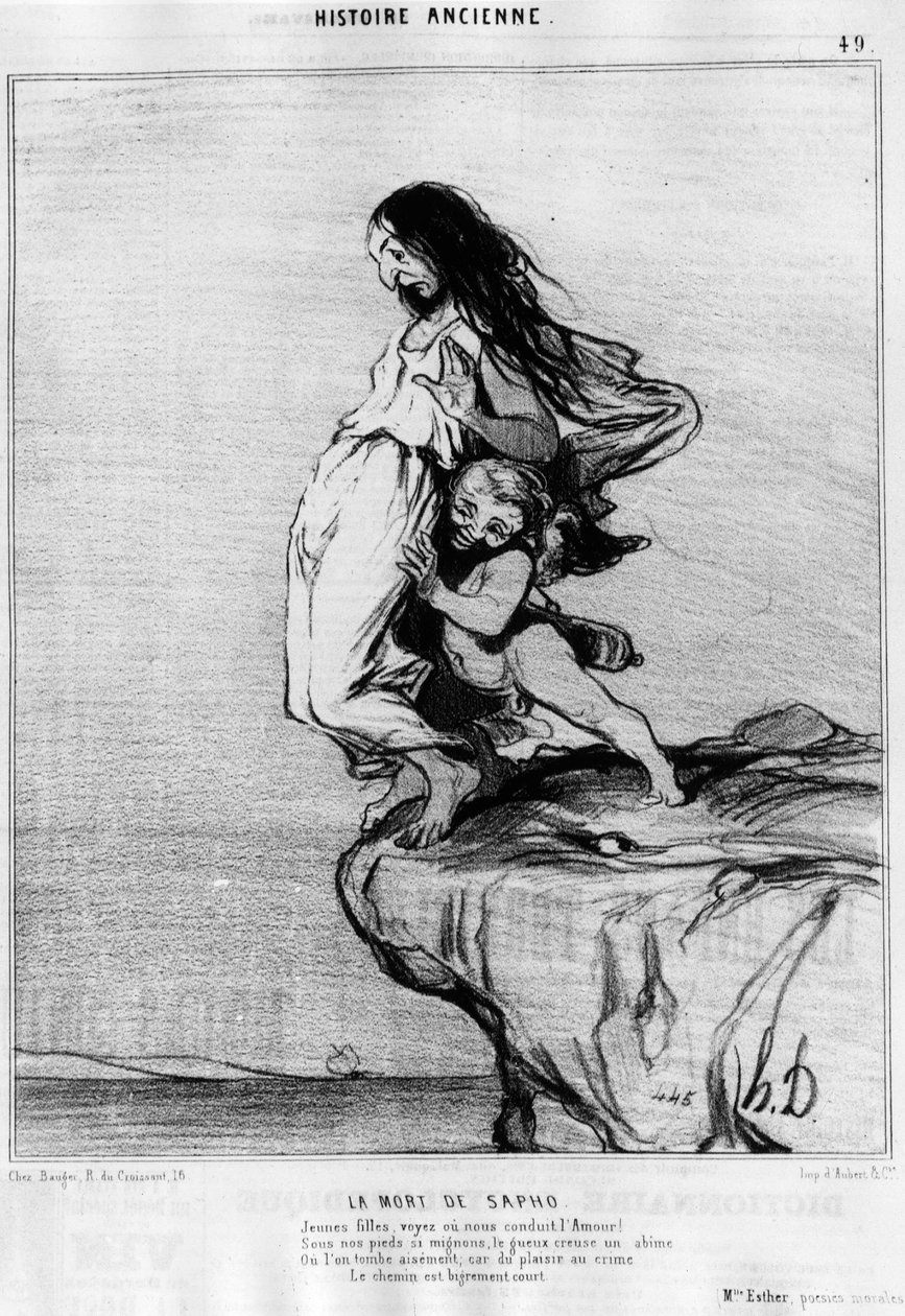 Śmierć Sapho (Sappho). „” Młoda damo, zobacz lub prowadź nas Miłość! Pod naszymi stopami tak uroczymi, gueux kopie abime lub łatwo upadamy; bo od przyjemności do zbrodni droga jest bardzo krótka”. Serie de l
