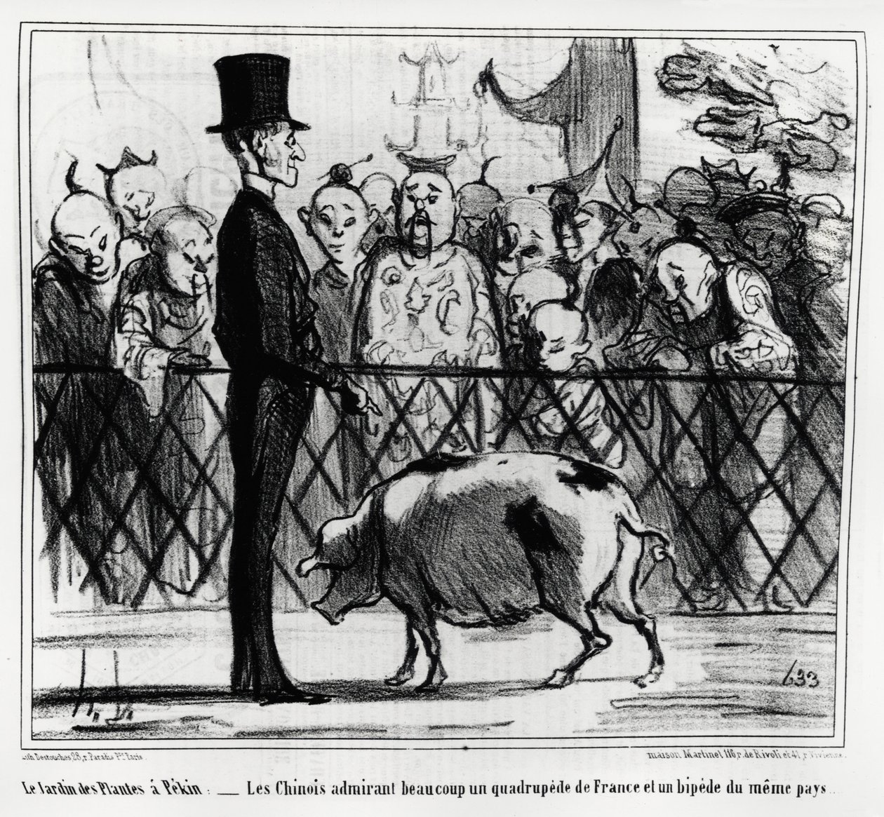 Ogród roślin w Pekinie: Chińczycy podziwiający czworonoga Francji i bipnięcie tego samego kraju. Ilustracja Honore Daumiera (1808-1879), opublikowana w „Charivari”, China Actualites autorstwa Honoré Daumier