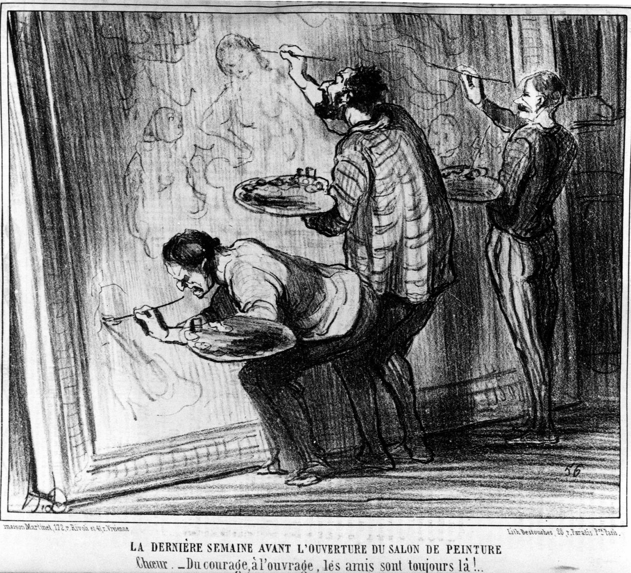 Ostatni tydzień przed otwarciem Salon de Peinture. Myśl -Od odwagi do pracy, przyjaciele są zawsze tam!... , zaczerpnięte z "Obrazów i Salonów", serii komiksów Honore Daumiera (1808-1879). "Charivari" autorstwa Honoré Daumier