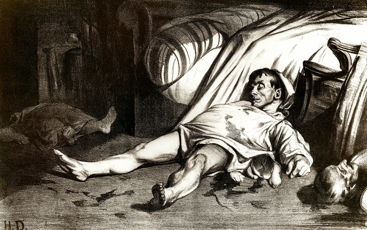 Masakra przy Rue Transnonain 14.04.1834 r.: podczas rzezi wojskowych mieszkańcy budynku 12 Rue Transnonain w Paryżu zatrzymali go po śmierci jednego ze swoich oficerów - Litografia Honore Daumiera (1808-1879) 1837. Zbiory prywatne autorstwa Honoré Daumier