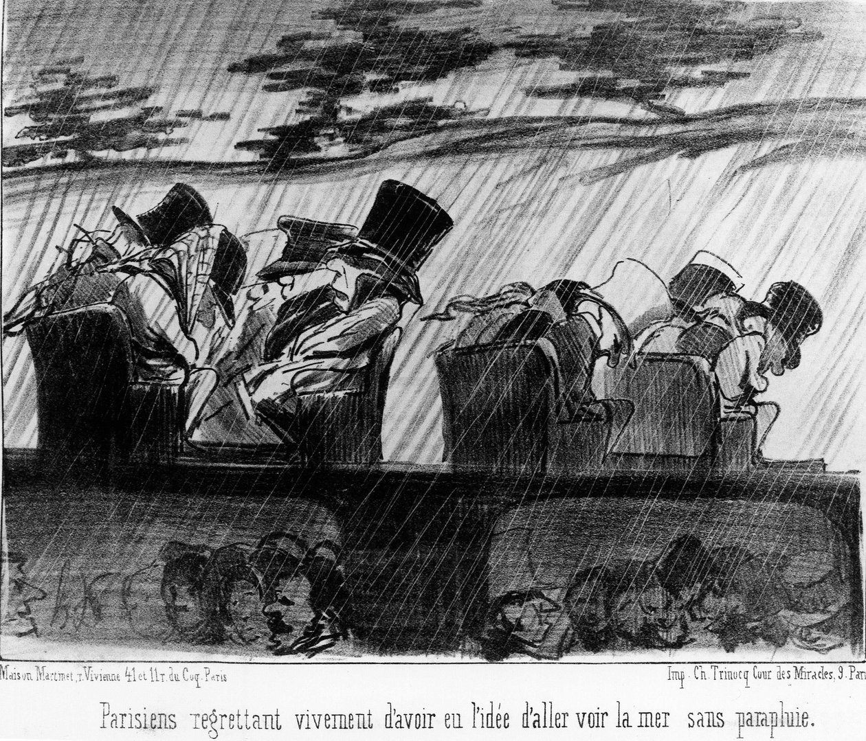 Pociągi przyjemności: podróżnicy w deszczu - przez Daumiera, w „Charivari” z 28.08.1852. autorstwa Honoré Daumier