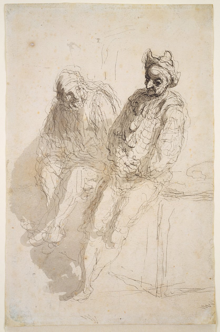 Dwa Saltimbanques, ok. 1865-73 (atrament czarno-szary, szare plamy na papierze) autorstwa Honoré Daumier