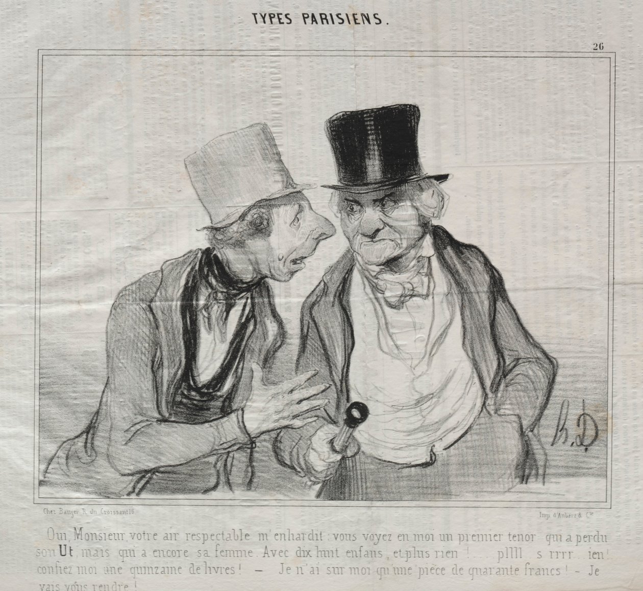 Types Parisiens, tablica 26: Tak, proszę pana, twój szanowny wygląd dodaje mi otuchy..., 29 maja 1840. autorstwa Honoré Daumier