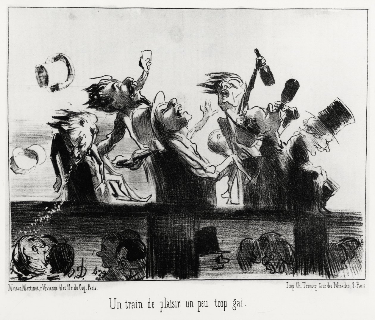 Pociąg rozkoszy trochę zbyt wesoły, w serii Les Chemins de fer, ilustracja Honore Daumier (1808-1879), opublikowana w „Charivari” z dnia 20 sierpnia 1852. autorstwa Honoré Daumier