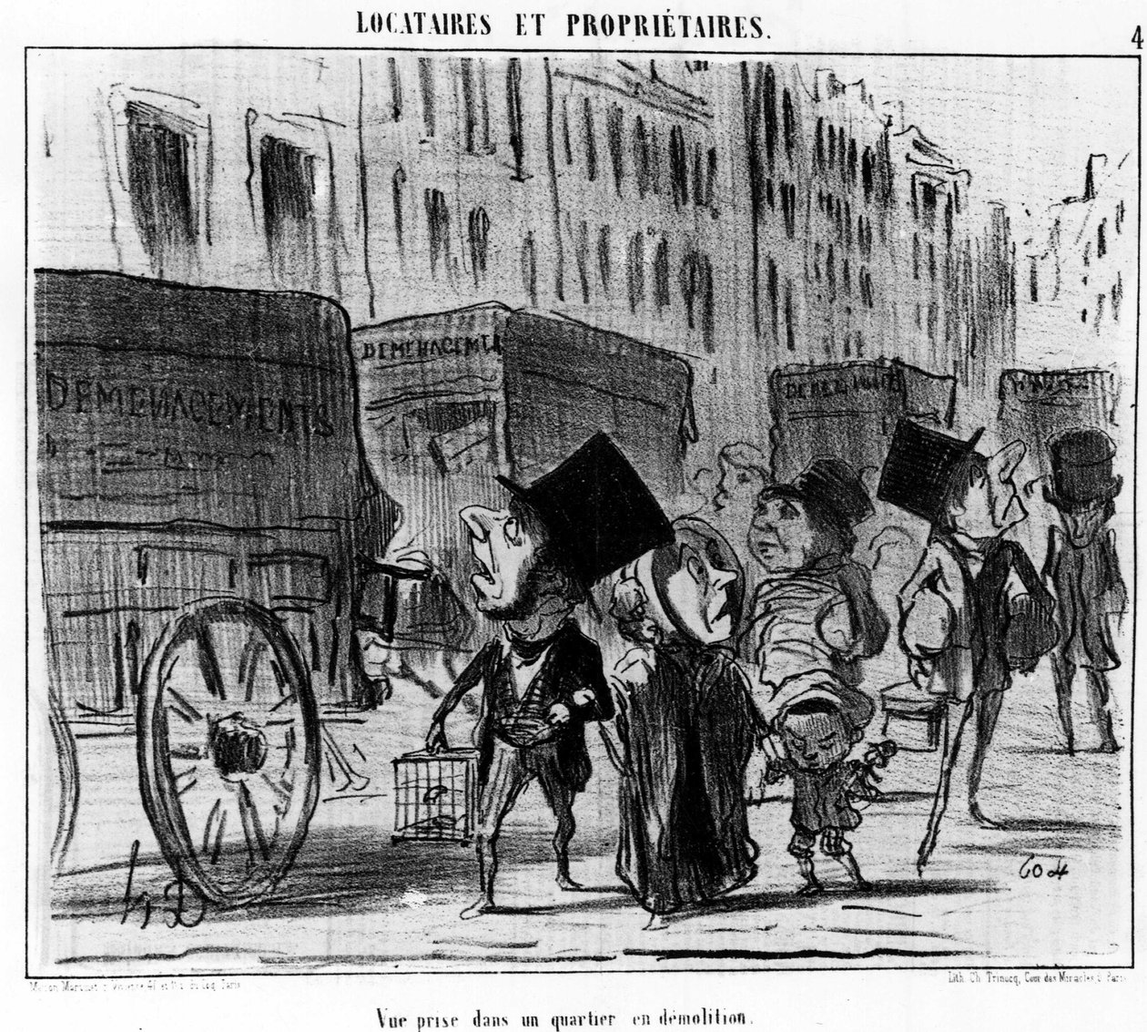 Widok z dzielnicy rozbiórkowej, zaczerpnięty z serialu animowanego „Tenants et Proprietaires” autorstwa Honore Daumiera (1808-1879). „Charivari” autorstwa Honoré Daumier